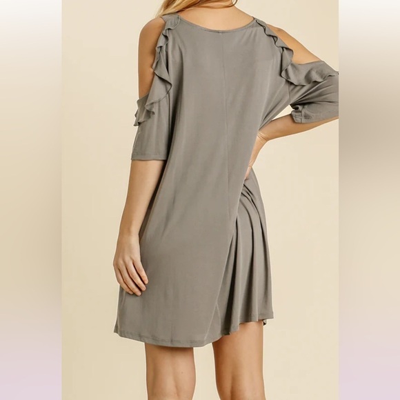 Umgee Goldenrod Cold Shoulder Ruffle Trimmed Detail short Sleeve Dress Ash Sz S - Picture 2 of 9